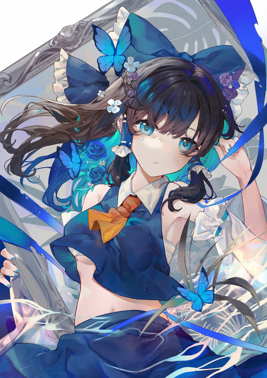1girl alternate_color arm_up ascot bangs blue_bow blue_eyes blue_flower blue_nails blue_rose blue_skirt blue_vest bow breasts brown_hair bug butterfly collared_shirt commentary_request detached_sleeves elise_(piclic) flower frilled_bow frills hair_bow hair_flower hair_ornament hakurei_reimu highres light_blush long_hair long_sleeves looking_at_viewer midriff nail_polish navel nontraditional_miko ponytail rose sarashi shirt sidelocks skirt solo stomach touhou underboob upper_body vest wide_sleeves wing_collar yellow_ascot