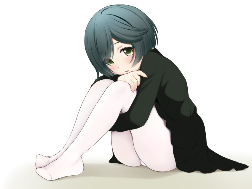 1girl bangs black_dress black_hair blush dress eyebrows_visible_through_hair eyes_visible_through_hair full_body green_eyes hair_over_one_eye highres hugging_own_legs jigoku_shoujo knees_up kozue_akari long_sleeves looking_at_viewer mole mole_under_eye no_shoes pantyhose parted_lips sagae_michiru sitting solo textless white_background white_legwear