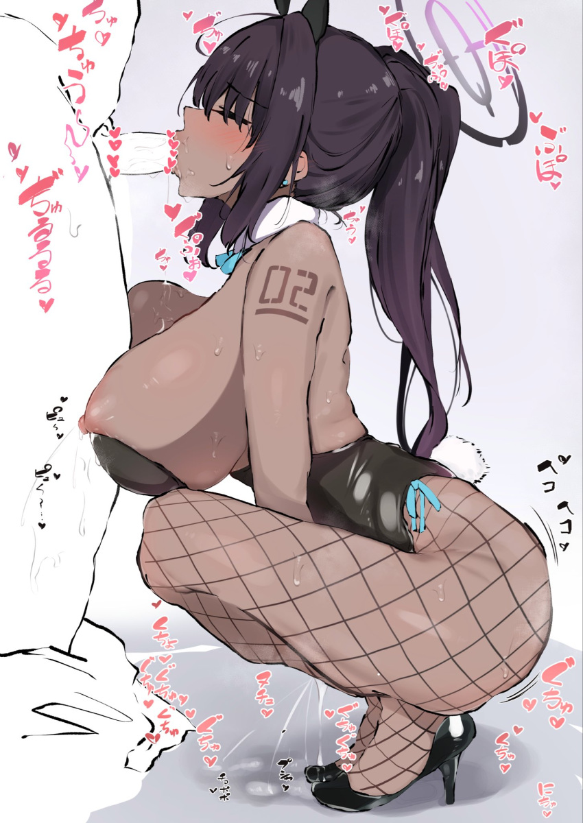 1boy 1girl ahoge animal_ears arm_tattoo bare_shoulders black_hair blue_archive blue_bow blue_bowtie blush bow bowtie breasts choker closed_eyes dark-skinned_female dark_skin fake_animal_ears fellatio female_ejaculation fingering fishnet_legwear fishnets halo hetero high_heels highres karin_(blue_archive) lactation large_breasts long_hair masturbation narusan_beam2 nipple_slip nipples number_tattoo oral penis playboy_bunny puffy_nipples pussy_juice rabbit_ears rabbit_tail sideboob squatting sweat tail tattoo