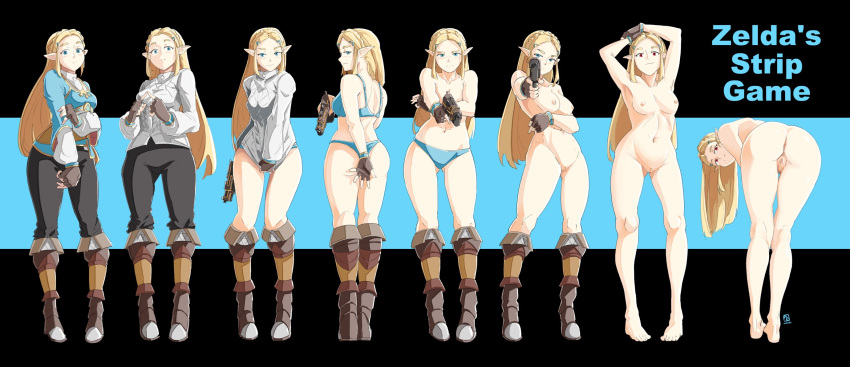 1girl aiming_at_viewer ass autolewd bent_over blonde_hair blue_bra blue_eyes blue_panties boots bra braid breasts brown_footwear covering covering_ass crown_braid fingerless_gloves full_body gloves gun handgun highres long_hair looking_at_viewer nipples panties pointy_ears princess_zelda pussy red_eyes sequential shirt_tug smile solo standing the_legend_of_zelda the_legend_of_zelda:_breath_of_the_wild underwear undressing weapon