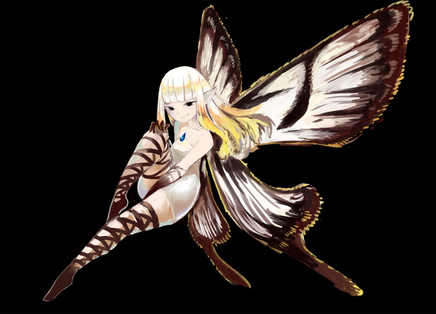 1girl airy_(bravely_default) black_background black_eyes bravely_default:_flying_fairy bravely_default_(series) butterfly_wings fairy fairy_wings medium_hair pointy_ears simple_background solo tim_(a9243190a) white_hair wings