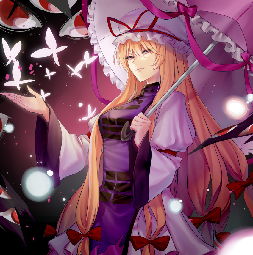 1girl absurdres arm_garter arm_up bangs blonde_hair blush breasts bug butterfly commentary crimsonknigh_t eyebrows_visible_through_hair flame_print gap_(touhou) hair_ribbon hat hat_ribbon highres holding holding_umbrella juliet_sleeves large_breasts light_particles long_hair long_sleeves looking_at_viewer mob_cap puffy_sleeves purple_eyes red_eyes red_ribbon ribbon slit_pupils smile standing tabard touhou tress_ribbon umbrella umbrella_bow upper_body white_headwear wide_sleeves yakumo_yukari yin_yang yin_yang_print