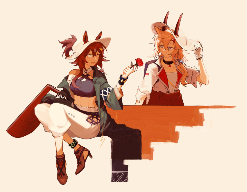 2girls adjusting_clothes adjusting_headwear animal_ears arknights backpack bag beige_background black_choker black_shirt blonde_hair bracelet brown_footwear brown_hair capri_pants choker clothes_around_waist collarbone commentary crop_top ears_through_headwear earthspirit_(arknights) eyebrows_visible_through_hair flower full_body giving gloves goat_ears goat_girl goat_horns green_eyes green_jacket hair_ornament hat high_heels highres horns horse_ears horse_girl infection_monitor_(arknights) jacket jacket_around_waist jewelry long_hair long_sleeves looking_at_another looking_at_flowers meteor_(arknights) meteor_(bard's_holiday)_(arknights) midriff multiple_girls official_alternate_costume one_eye_closed open_mouth oripathy_lesion_(arknights) pants parted_lips red_flower red_rose rose shirt simple_background sitting sleeves_rolled_up smile star_(symbol) star_hair_ornament sun_hat triangle_hair_ornament vento white_gloves white_headwear white_jacket white_pants white_shirt yuri
