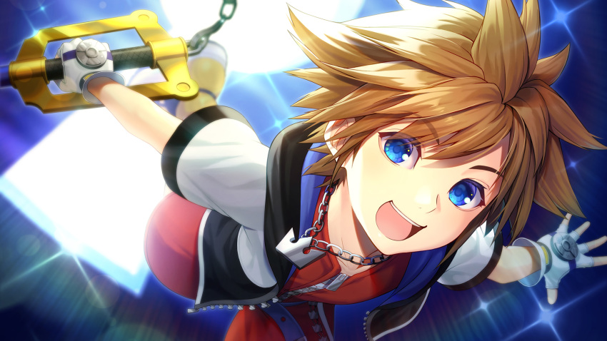 1boy blue_eyes brown_hair fingerless_gloves gloves highres hood jewelry keyblade kingdom_hearts kingdom_hearts_i looking_at_viewer male_focus minamo25 necklace short_hair smile solo sora_(kingdom_hearts) spiked_hair super_smash_bros.