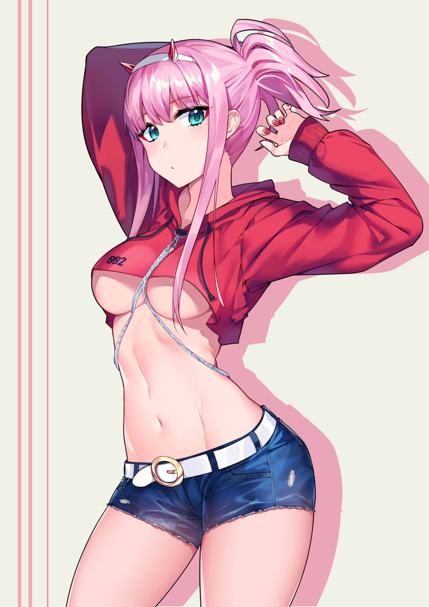 1girl absurdres bangs belt belt_buckle between_breasts breasts buckle commission cowboy_shot crop_top cropped_sweater cutoff_jeans cutoffs darling_in_the_franxx denim denim_shorts eyebrows_visible_through_hair frayed_clothes gendo0032 green_eyes groin_tendon hairband highres hood hooded_sweater jeans looking_at_viewer medium_breasts midriff navel pants pink_hair red_nails red_sweater shadow short_shorts shorts simple_background solo stomach sweater torn_clothes torn_jeans torn_pants underboob white_hairband yellow_background zero_two_(darling_in_the_franxx)