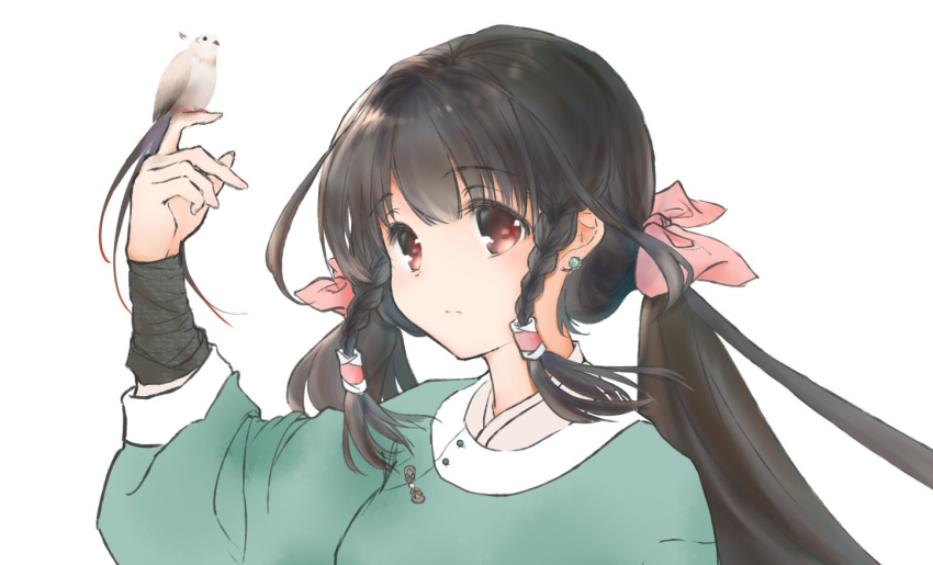 1girl arm_up bird bird_on_hand black_hair braid brown_eyes brown_hair chinese_clothes chinese_commentary closed_mouth dress ear_piercing eyebrows_visible_through_hair green_dress hair_ribbon hand_up hanfu long_hair low_twintails piercing pink_ribbon ribbon rurutie_(utawarerumono) sherly_hiberna simple_background twin_braids twintails upper_body utawarerumono white_background