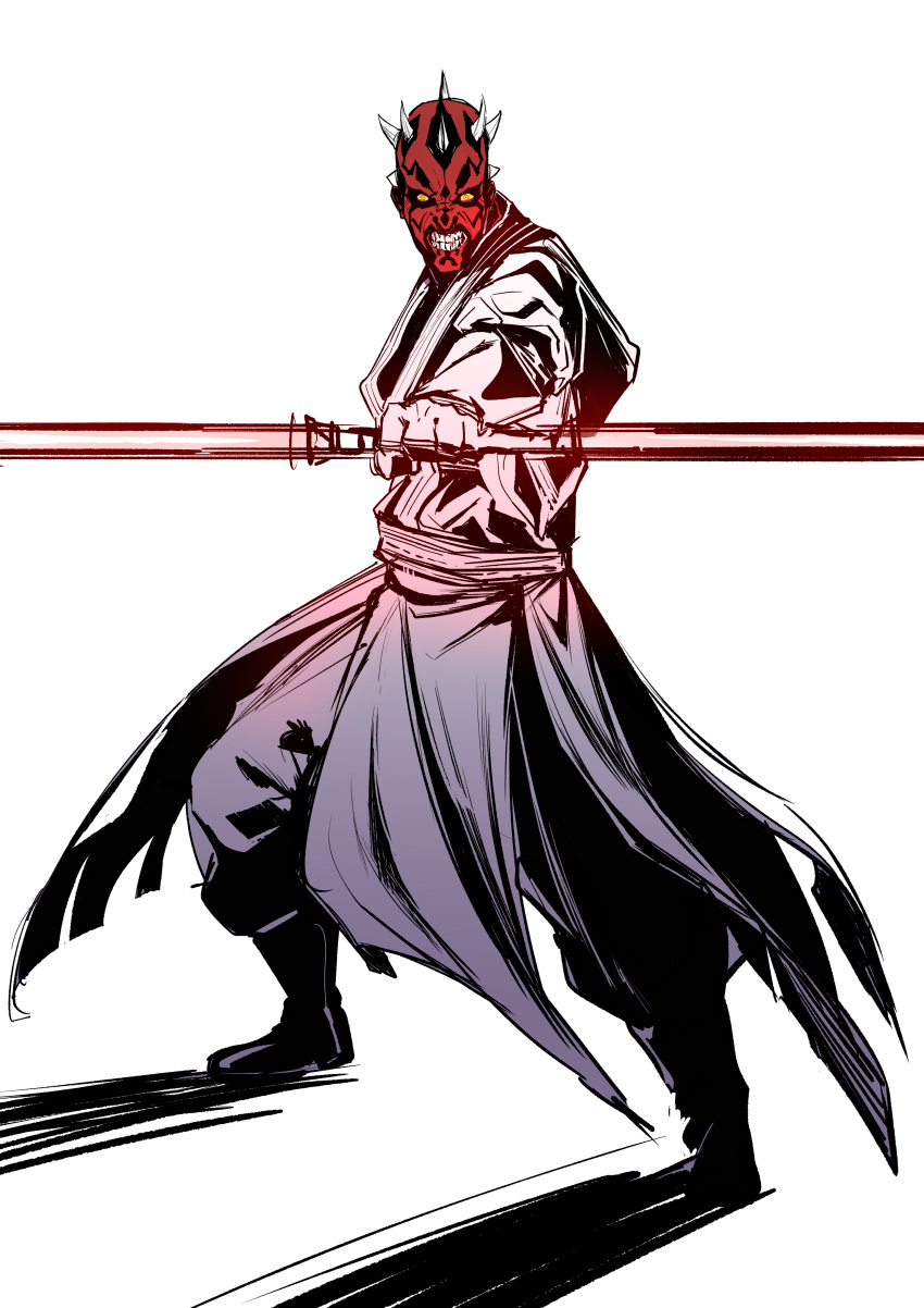 1boy absurdres clenched_teeth colored_skin darth_maul energy_sword highres holding holding_weapon lightsaber looking_at_viewer male_focus orange_eyes rx_hts simple_background sith solo spikes standing star_wars star_wars:_the_phantom_menace sword teeth weapon white_background
