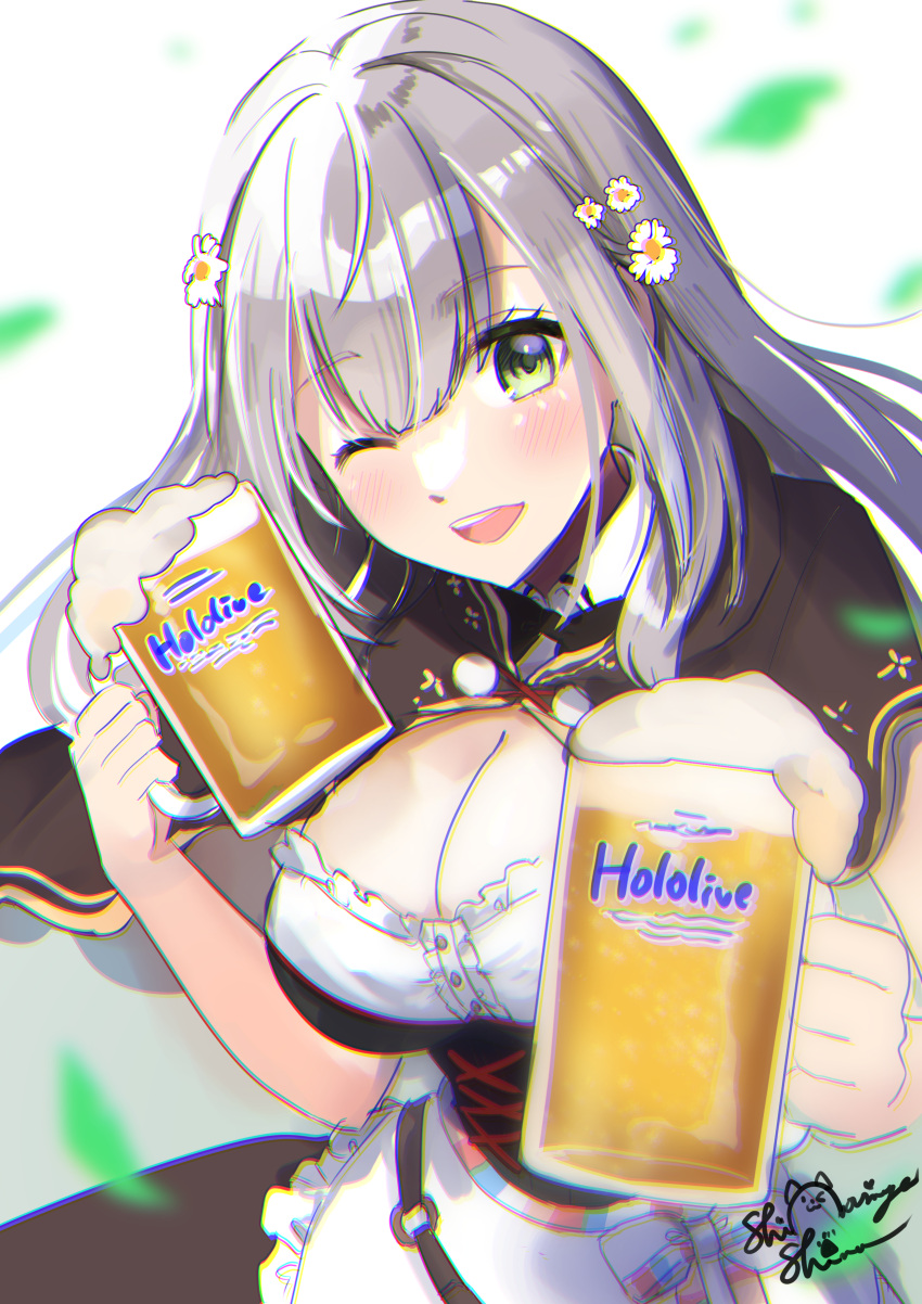 1girl absurdres alcohol apron bangs beer beer_mug black_bow black_bowtie blue_sky blurry blurry_background blush bow bowtie breasts cleavage commentary_request cup detached_collar dirndl eyebrows_visible_through_hair falling_leaves flower foam german_clothes green_eyes hair_flower hair_ornament highres holding holding_cup hololive large_breasts leaf long_hair looking_at_viewer mug official_alternate_costume one_eye_closed open_mouth shinomiya_shino_(sinosino141) shirogane_noel shirt signature silver_hair sky smile solo thighhighs upper_body virtual_youtuber waist_apron white_apron white_shirt