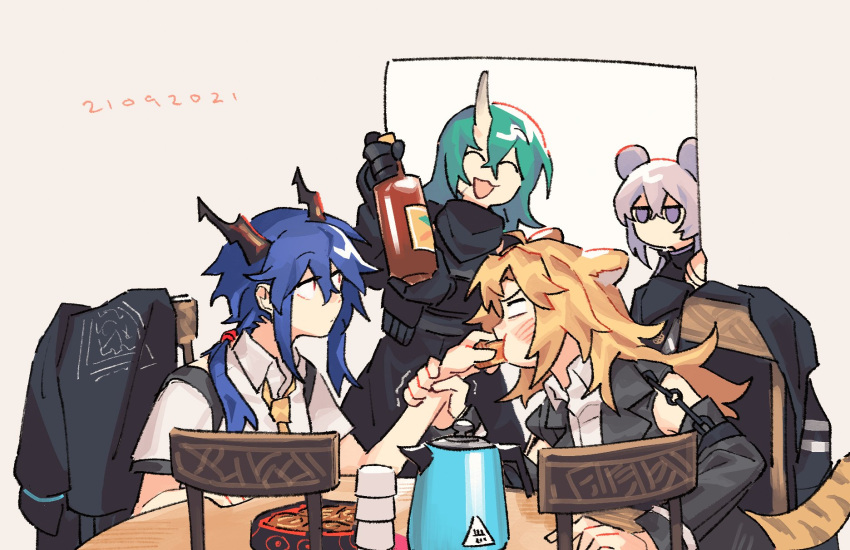 4girls animal_ears arknights beige_background black_gloves black_jacket blonde_hair blue_hair blush bottle ch'en_(arknights) chair closed_eyes closed_mouth collared_shirt dated dragon_horns feeding food food_in_mouth gloves green_hair hand_on_another's_arm highres holding holding_bottle holding_food horns hoshiguma_(arknights) jacket jacket_removed kettle lin_yuhsia_(arknights) long_hair long_sleeves looking_at_another mouse_ears multiple_girls necktie oni_horns open_mouth pink_hair purple_eyes scar scar_on_face shirt short_sleeves simple_background single_horn sitting smile swire_(arknights) symbol-only_commentary table tiger_ears trembling twintails vento white_shirt yellow_necktie