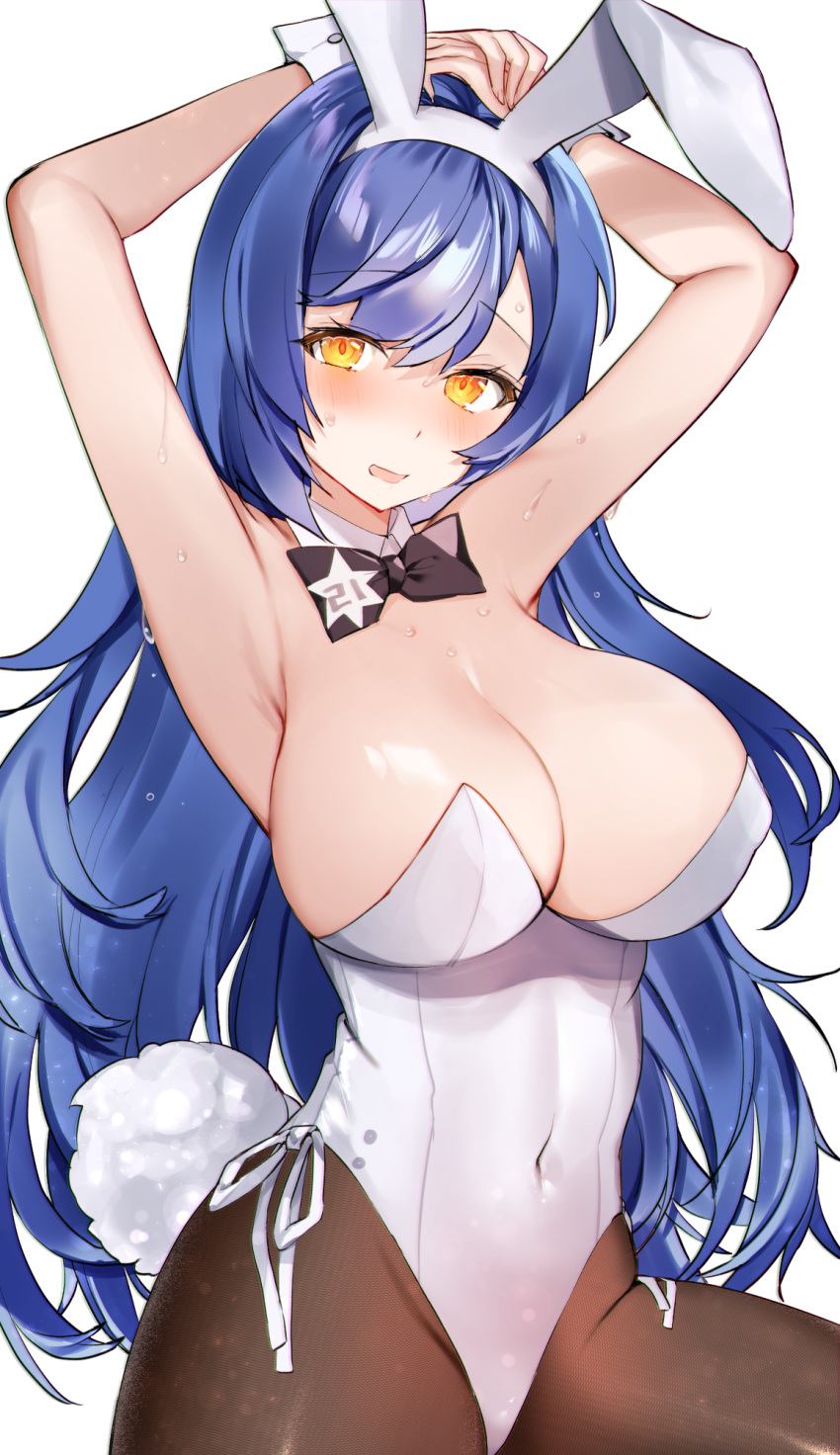 1girl animal_ears armpits arms_behind_head arms_up bare_arms bare_shoulders blue_hair bow bowtie breasts brown_legwear cleavage covered_navel detached_collar fake_animal_ears fake_tail girls'_frontline hairband highleg highleg_leotard highres large_breasts leotard long_hair looking_at_viewer manya_drhr open_mouth pantyhose playboy_bunny rabbit_ears rabbit_tail simple_background solo strapless strapless_leotard sweat tail tar-21_(girls'_frontline) very_long_hair white_background white_leotard wrist_cuffs yellow_eyes