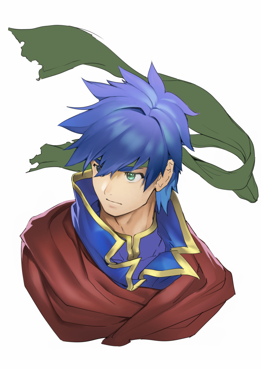 1boy absurdres blue_hair cape closed_mouth cropped_shoulders fire_emblem fire_emblem:_path_of_radiance green_eyes green_headband headband highres ike_(fire_emblem) looking_to_the_side male_focus portrait red_cape rx_hts simple_background solo spiked_hair white_background