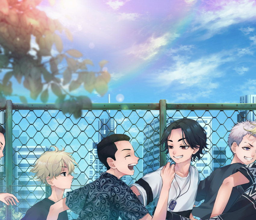 6+boys absurdres baji_keisuke black_eyes black_hair black_shirt blonde_hair branch building chain-link_fence city closed_mouth day fence grin hanemiya_kazutora hayashida_haruki highres jewelry lanyard lens_flare looking_at_another looking_away maco_(crea-0328) mitsuya_takashi mole mole_under_eye multiple_boys necklace open_mouth out_of_frame outdoors paisley profile purple_eyes running ryuuguuji_ken sano_manjirou shirt short_hair short_sleeves smile sunlight teeth tokyo_revengers white_hair white_shirt younger