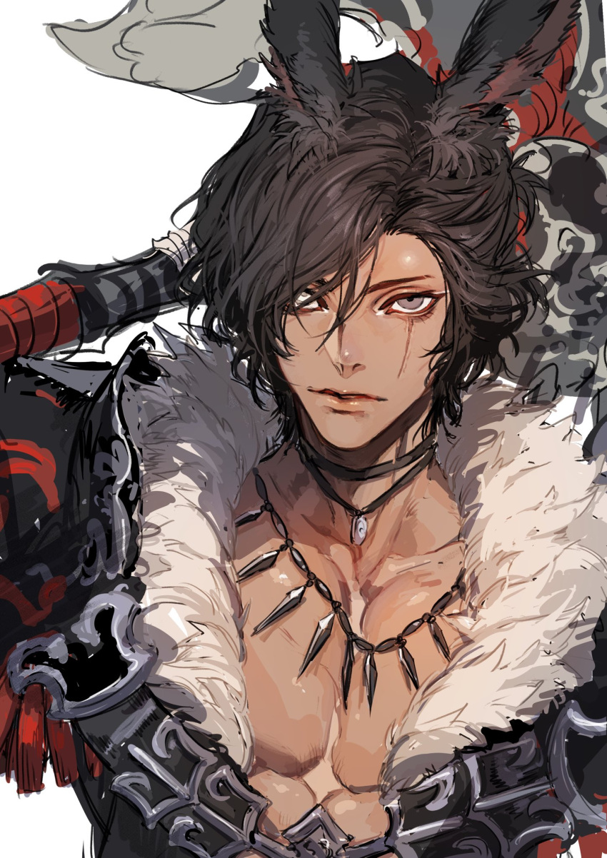 1boy animal_ears armor avatar_(ffxiv) axe bangs black_eyes black_hair black_jacket closed_mouth collarbone final_fantasy final_fantasy_xiv fur_collar highres jacket jewelry looking_at_viewer male_focus necklace ogata_tomio over_shoulder rabbit_boy rabbit_ears scar scar_across_eye shoulder_armor simple_background sketch solo upper_body viera weapon white_background