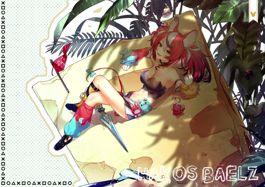 1girl animal_ears armpits bare_shoulders between_breasts black_footwear blue_eyes bow breasts bug bustier character_name cheese cleavage collar crossed_legs detached_sleeves dice_hair_ornament food from_side full_body g_li hair_ornament hakos_baelz highres hololive hololive_english key_necklace kneehighs ladybug large_breasts leaf long_hair looking_at_viewer mary_janes middle_finger midriff minigirl mouse_ears mouse_girl mouse_tail mousetrap mr._squeaks_(hakos_baelz) multicolored_hair navel open_mouth plant rat red_hair sharp_teeth shirt_removed shoes sitting skirt smile spiked_collar spikes strapless streaked_hair sword tail tail_bow tail_ornament teeth tube_top twintails virtual_youtuber weapon