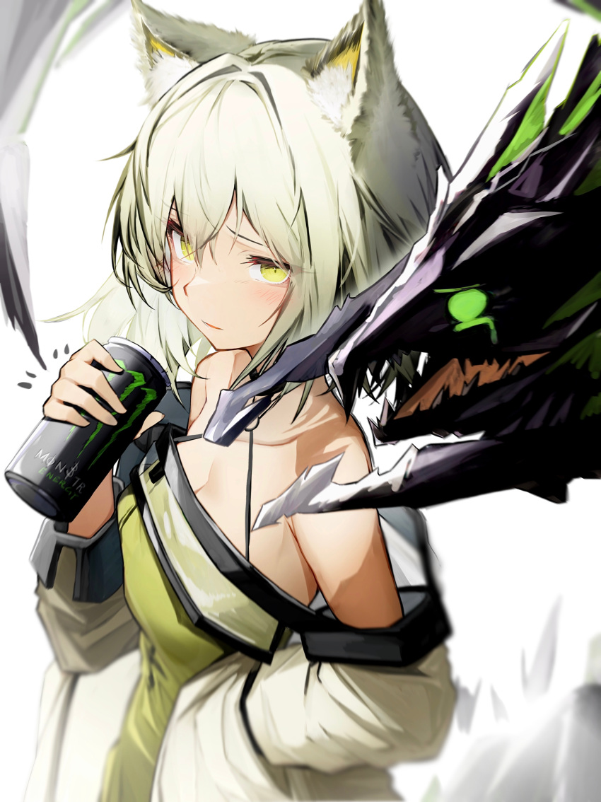 1girl absurdres animal_ears arknights bare_shoulders blush brand_name_imitation breasts can cleavage eyebrows_visible_through_hair green_eyes green_hair hair_between_eyes highres holding holding_can kal'tsit_(arknights) looking_at_viewer medium_breasts mon3tr_(arknights) monster monster_energy short_hair simple_background solo tab_head white_background