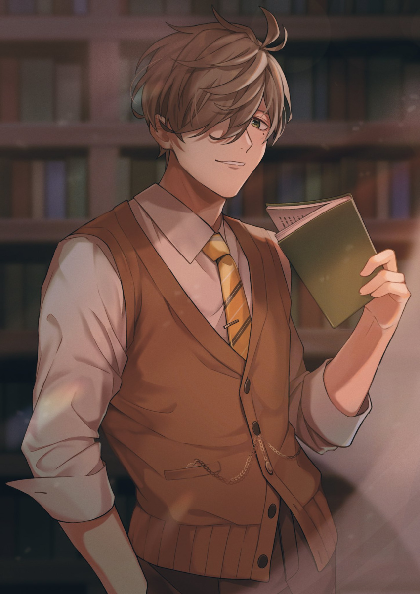 1boy book brown_hair brown_pants brown_vest collared_shirt green_eyes hair_over_one_eye highres holding holding_book library looking_at_viewer male_focus mole mole_under_eye necktie nijisanji oliver_evans one_eye_covered pants parted_lips setake shirt smile solo vest virtual_youtuber white_shirt yellow_necktie