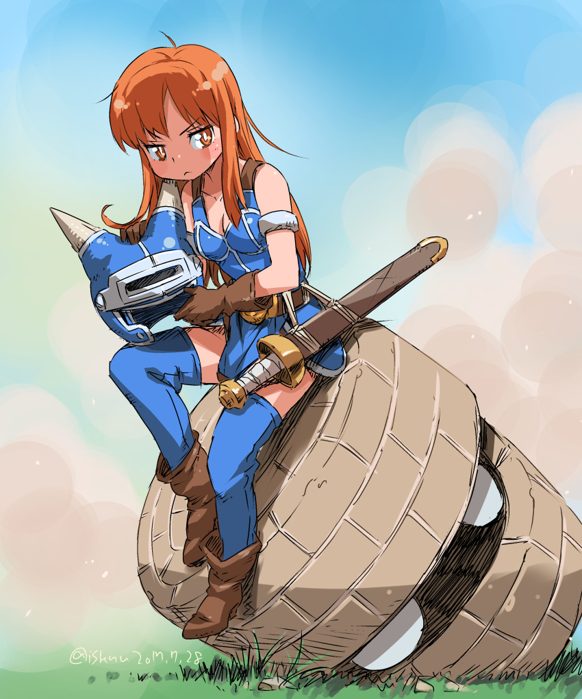 1girl absurdres armlet armor belt blue_armor breasts brown_eyes brown_gloves brown_hair cleavage closed_mouth daisy_(dq) dragon_quest dragon_quest_yuusha_abel_densetsu fake_horns gloves golem_(dragon_quest) helmet highres horned_helmet horns isedaichi_ken long_hair sword thighhighs weapon