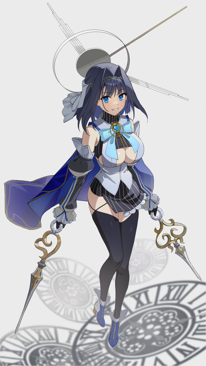 1girl absurdres bare_shoulders black_hair black_legwear black_shirt black_skirt blue_eyes blue_footwear boots bow bowtie breasts brooch cleavage clock_hands detached_sleeves dual_wielding full_body grin hair_intakes highres holding hololive hololive_english jewelry juliet_sleeves kiro_(kirotayu) large_breasts long_sleeves looking_at_viewer miniskirt no_bra ouro_kronii puffy_sleeves shirt short_hair side_slit skirt sleeveless sleeveless_turtleneck smile solo striped striped_skirt thighhighs turtleneck underboob undershirt virtual_youtuber white_shirt zettai_ryouiki