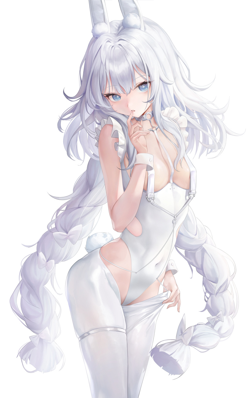 +_+ 1girl absurdres animal_ear_fluff animal_ears azur_lane blue_eyes braid breasts choker covered_navel cowboy_shot finger_to_mouth frills highleg highleg_leotard highres le_malin_(azur_lane) le_malin_(listless_lapin)_(azur_lane) leotard long_hair looking_at_viewer official_alternate_costume pantyhose parted_lips playboy_bunny rabbit_ears rabbit_tail rable revealing_clothes simple_background small_breasts solo tail thigh_strap twin_braids twintails very_long_hair white_background white_choker white_hair white_legwear white_leotard