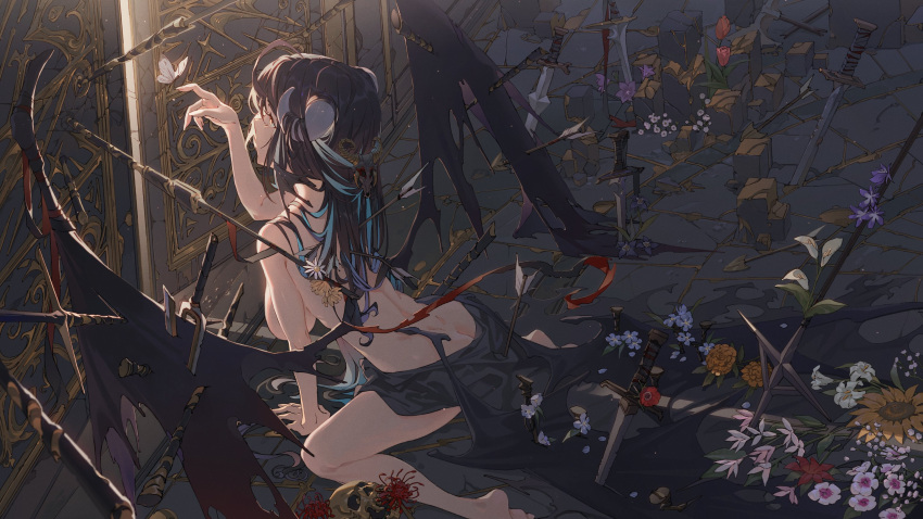 1girl ahoge arrow_(projectile) barefoot black_hair blue_flower blue_hair breasts bug butterfly commentary_request convenient_arm demon_girl demon_horns demon_wings dia_(hong) flower full_body hair_in_mouth hair_ornament highres hong horns large_breasts multicolored_hair original planted planted_arrow planted_sword purple_flower red_flower red_tulip skull skull_hair_ornament solo spider_lily sunflower sword topless torn_wings weapon white_butterfly white_flower wings yellow_flower