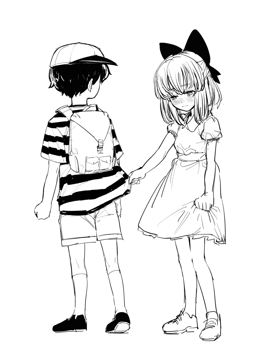 1boy 1girl absurdres backpack bag bangs baseball_cap blush bow closed_mouth greyscale hair_bow hat highres kneehighs medium_hair monochrome mother_(game) mother_2 ness_(mother_2) paula_(mother_2) rx_hts shirt shorts simple_background standing striped striped_shirt tears