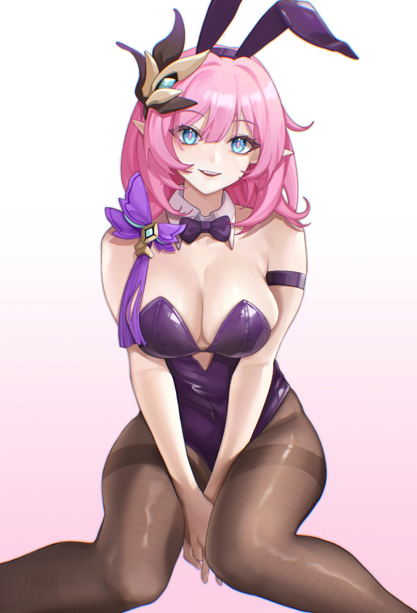 1girl absurdres animal_ears between_legs black_legwear blue_eyes breasts cleavage elysia_(honkai_impact) hand_between_legs highres honkai_(series) honkai_impact_3rd large_breasts leotard looking_at_viewer pantyhose pink_hair playboy_bunny pointy_ears rabbit_ears sitting solo thighs tutou_jiang