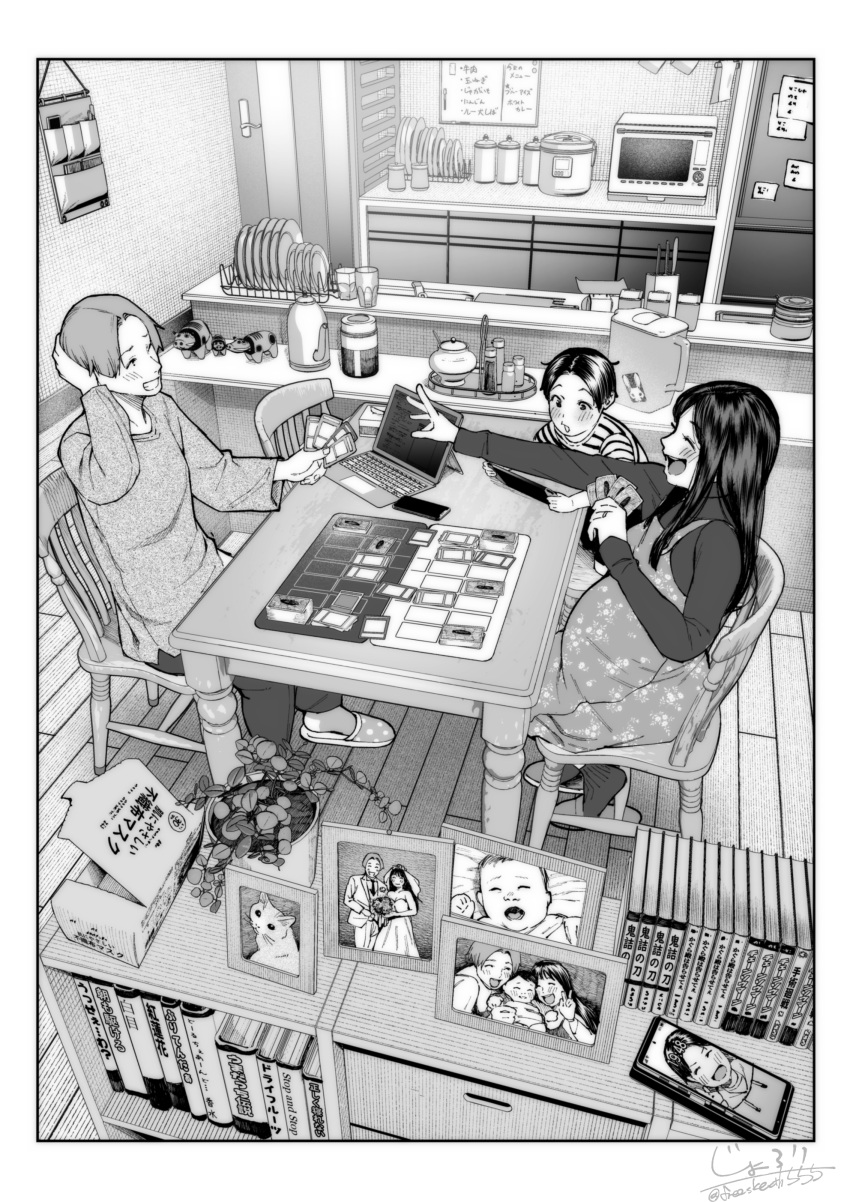 1girl 2boys absurdres akabeko apron blush card cat cellphone cellphone_picture chair child closed_eyes commentary_request couple family father_and_son greyscale hand_on_own_head highres husband_and_wife indoors jorori kitchen long_hair long_sleeves manga_(object) microwave monochrome mother_and_son multiple_boys open_clothes open_mouth original pants phone picture_(object) plant playing_games pregnant refrigerator shirt short_hair sitting slippers smile table yu-gi-oh!