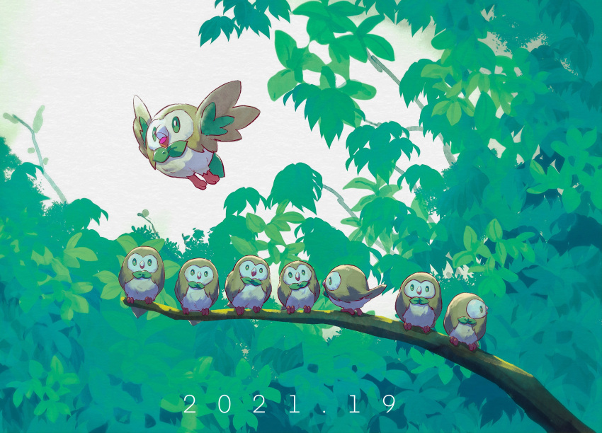 beak bird branch commentary_request dated flying green_eyes highres leaf no_humans open_mouth outdoors owl pokemon pokemon_(creature) rowlet shank