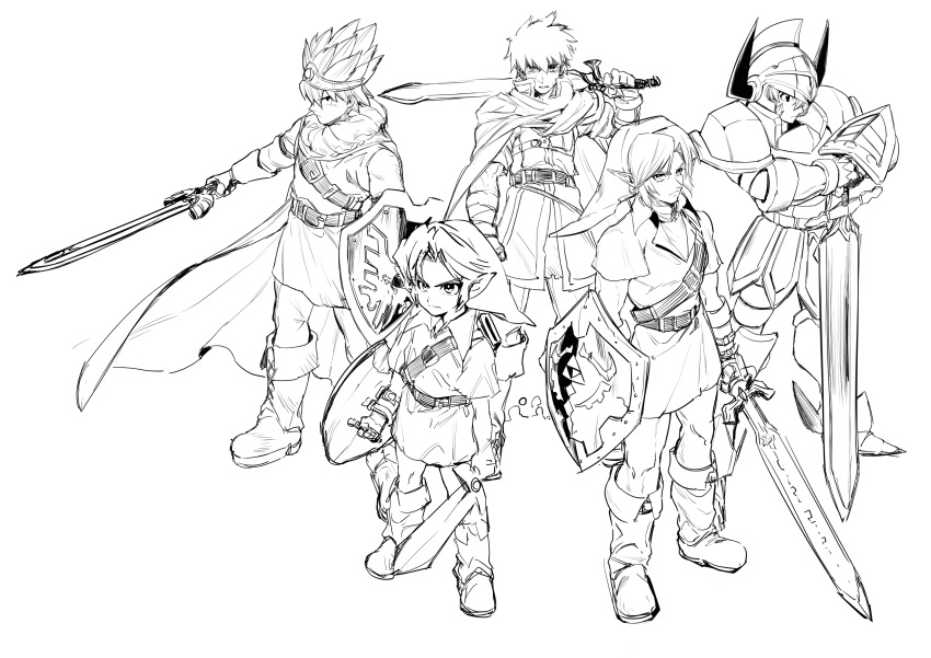 5boys absurdres armor bandages bangs belt boots cape character_request closed_mouth crossover dragon_quest dragon_quest_iii druaga_no_tou dual_persona fire_emblem fire_emblem:_path_of_radiance gilgamesh_(druaga) greyscale hair_between_eyes hat helmet highres holding holding_shield holding_sword holding_weapon ike_(fire_emblem) left-handed link male_focus master_sword monochrome multiple_boys over_shoulder parted_lips pointy_ears ragnell roto rx_hts shield short_sleeves spiked_hair spiked_helmet standing sword the_legend_of_zelda tunic weapon weapon_over_shoulder young_link