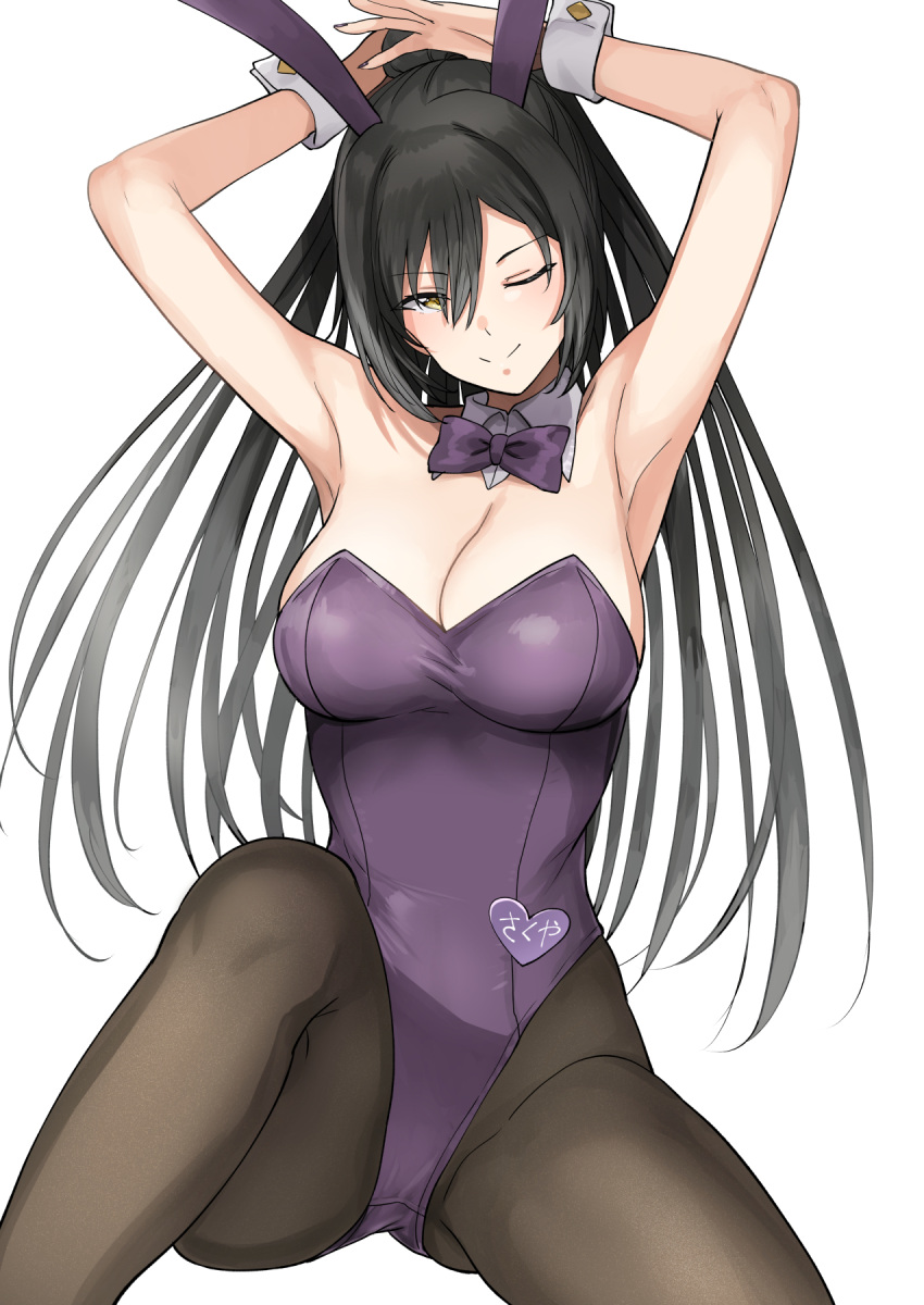 1girl animal_ears bangs black_hair bow bowtie breasts cleavage closed_mouth commentary detached_collar fake_animal_ears hair_between_eyes high_ponytail highres idolmaster idolmaster_shiny_colors large_breasts leotard long_hair one_eye_closed pantyhose playboy_bunny ponytail purple_leotard rabbit_ears shirase_sakuya sidelocks simple_background smile solo strapless strapless_leotard tsurui white_background wrist_cuffs yellow_eyes