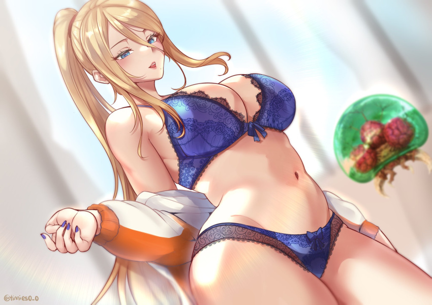 1girl bare_shoulders blonde_hair blue_bra blue_eyes blue_panties bra breasts cleavage highres large_breasts lingerie metroid metroid_(creature) nail_polish navel panties partially_undressed ponytail samus_aran thick_thighs thighhighs thighs tinnies underwear undressing