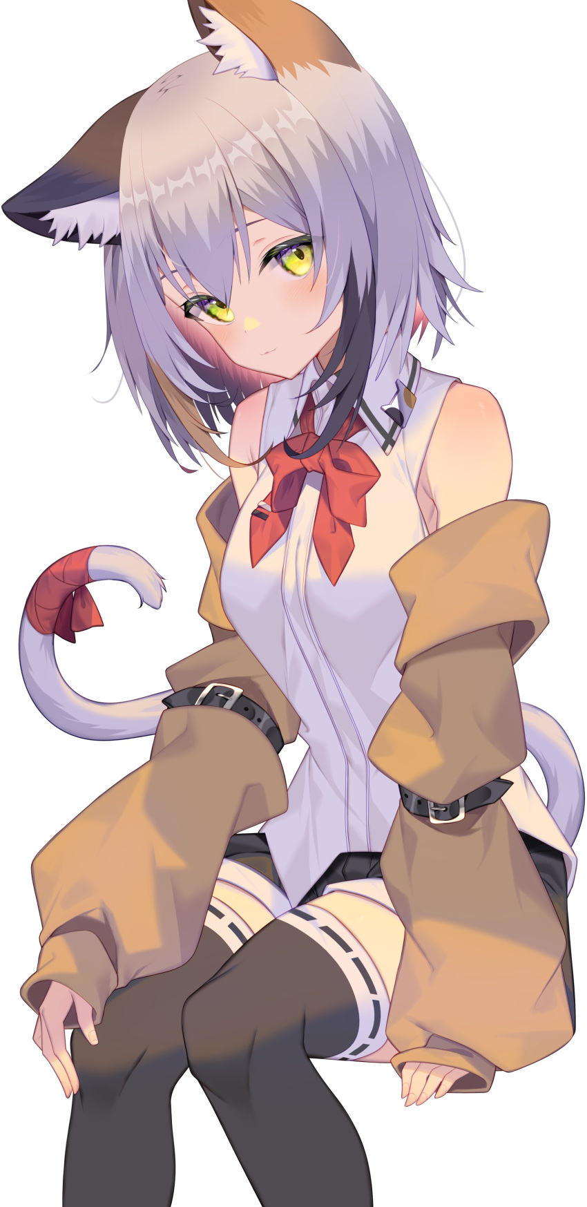 1girl absurdres animal_ear_fluff animal_ears bare_shoulders belt black_belt black_legwear brown_sleeves cat_ears cat_girl cat_tail closed_mouth commentary_request detached_sleeves highres jun_(aousa0328) light_smile looking_at_viewer original red_neckwear red_ribbon ribbon shirt short_hair silver_hair simple_background sleeveless sleeveless_shirt solo tail tail_ornament tail_ribbon thighhighs white_background white_shirt yellow_eyes