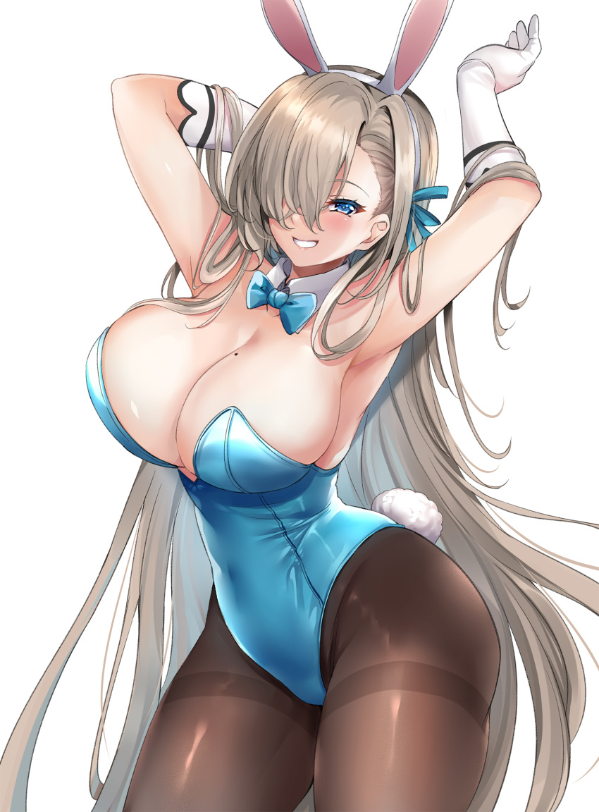 1girl animal_ears armpits arms_up asuna_(blue_archive) bangs blue_archive blue_bow blue_bowtie blue_eyes blue_leotard blush bow bowtie breasts brown_legwear cleavage detached_collar fake_animal_ears fake_tail gloves hair_ribbon highleg highleg_leotard highres hinata_sora large_breasts leotard light_brown_hair long_hair looking_at_viewer mole mole_on_breast pantyhose parted_lips playboy_bunny rabbit_ears rabbit_tail ribbon simple_background smile solo tail thighband_pantyhose white_background white_gloves