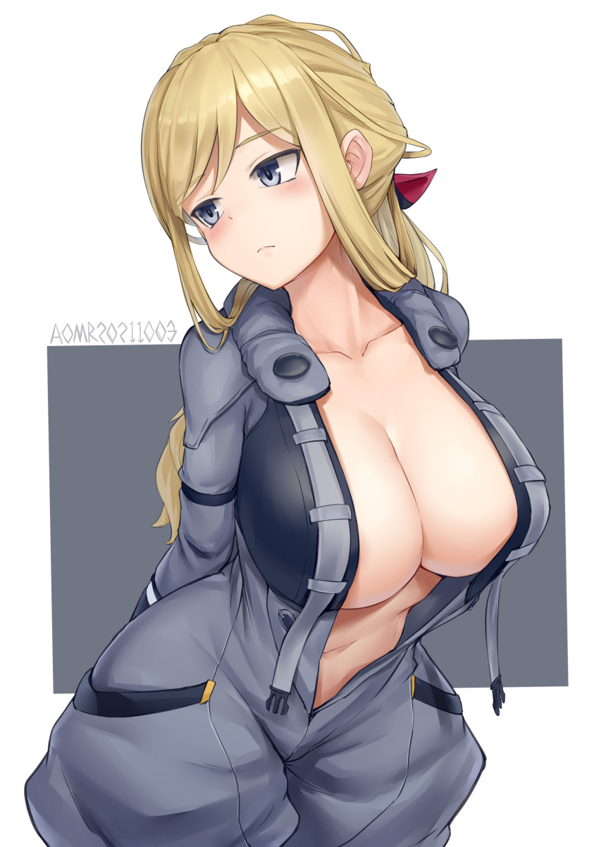 1girl absurdres alice_gear_aegis aomoro arms_behind_back artist_name bangs blonde_hair blush bodysuit border breasts center_opening cleavage closed_mouth collarbone commentary cowboy_shot dated dated_commentary eyebrows_visible_through_hair grey_background grey_bodysuit grey_eyes highres large_breasts long_hair looking_away navel open_clothes rita_henschel sidelocks simple_background solo standing swept_bangs white_border