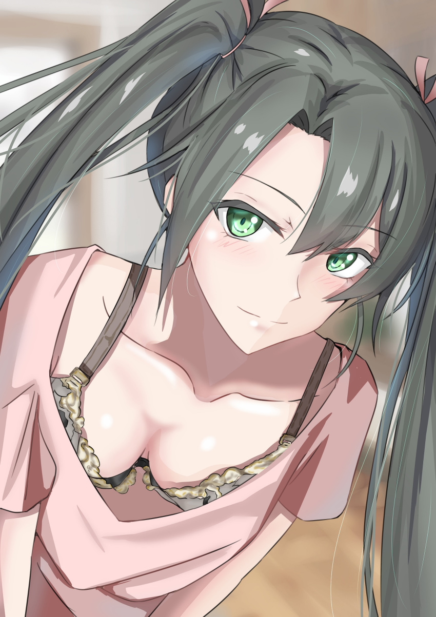 1girl absurdres blush bra breasts brown_bra commentary_request downblouse eyebrows_visible_through_hair green_eyes green_hair hair_between_eyes hair_ribbon highres kantai_collection ken_(shutenndouji1) long_hair looking_at_viewer medium_breasts pink_ribbon pink_shirt ribbon room shirt solo underwear upper_body zuikaku_(kancolle)