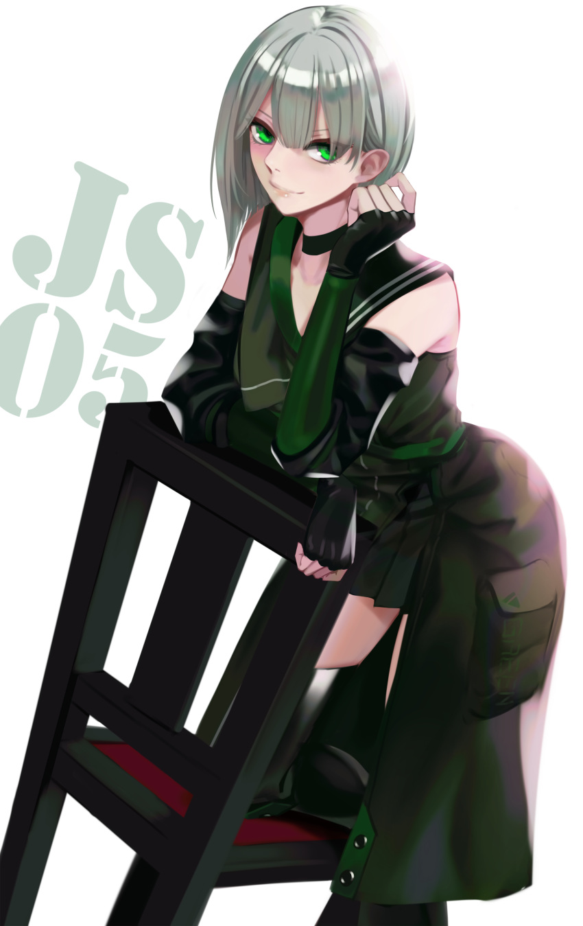 1girl absurdres black_choker black_gloves black_legwear character_name choker closed_mouth coat eyebrows_visible_through_hair feet_out_of_frame fingerless_gloves girls'_frontline gloves green_eyes grey_hair highres js05_(girls'_frontline) looking_at_viewer medium_hair ohc. smile solo thighhighs white_background