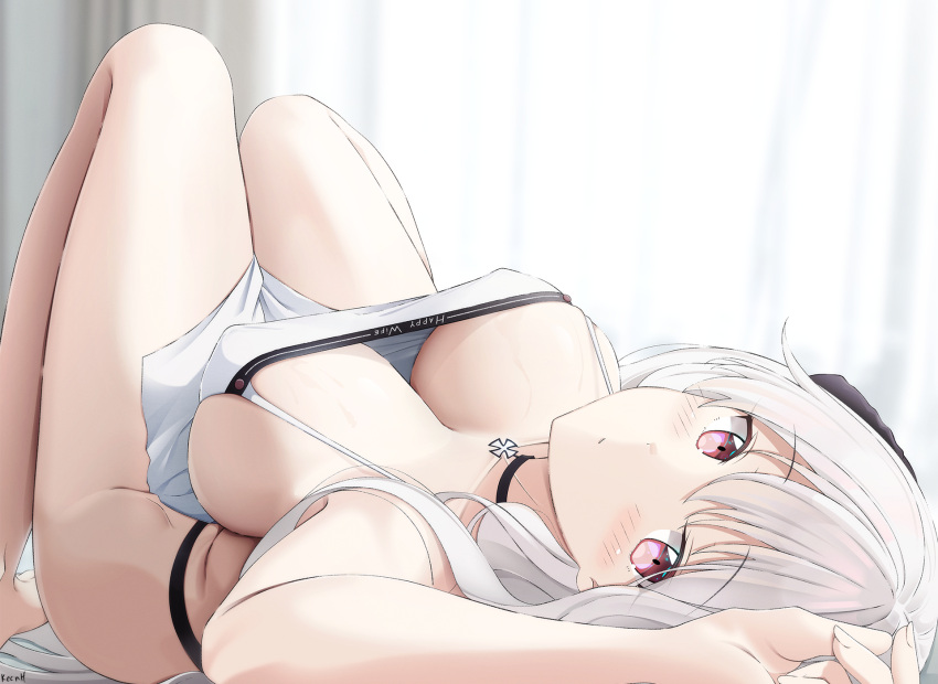 1girl bangs blush breasts camisole choker closed_mouth commentary covered_nipples curtains downblouse expressionless eyebrows_visible_through_hair girls'_frontline highres kar98k_(girls'_frontline) keenh knees_up large_breasts legs legs_together light_blush long_hair looking_at_viewer lying no_pants on_back pendant_choker pink_eyes solo spaghetti_strap thighs white_camisole white_hair