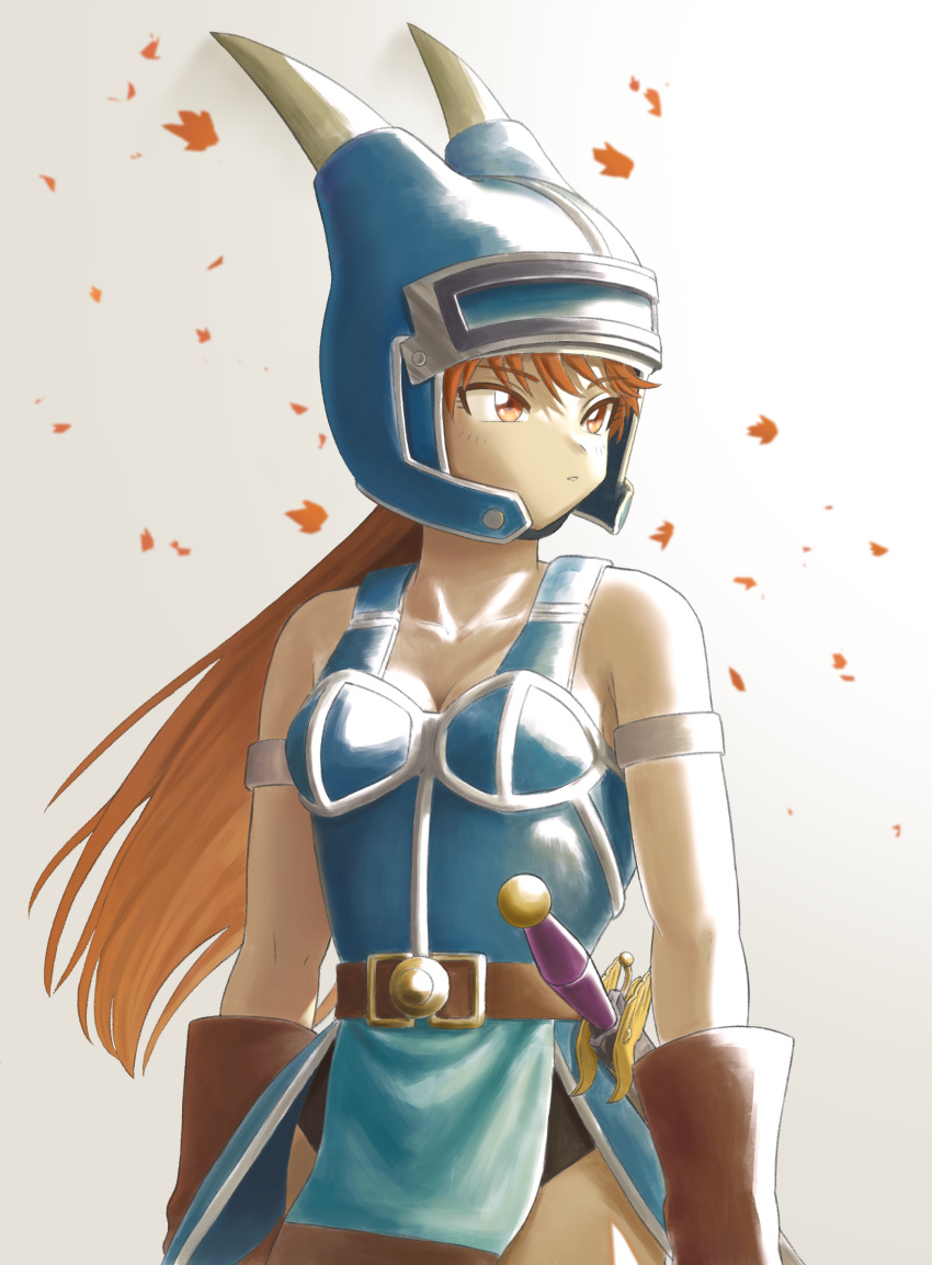 1girl absurdres armlet armor belt blue_armor breasts brown_eyes brown_gloves brown_hair cleavage closed_mouth daisy_(dq) dragon_quest dragon_quest_yuusha_abel_densetsu fake_horns gloves helmet highres horned_helmet horns long_hair makimoto_z simple_background solo sword weapon