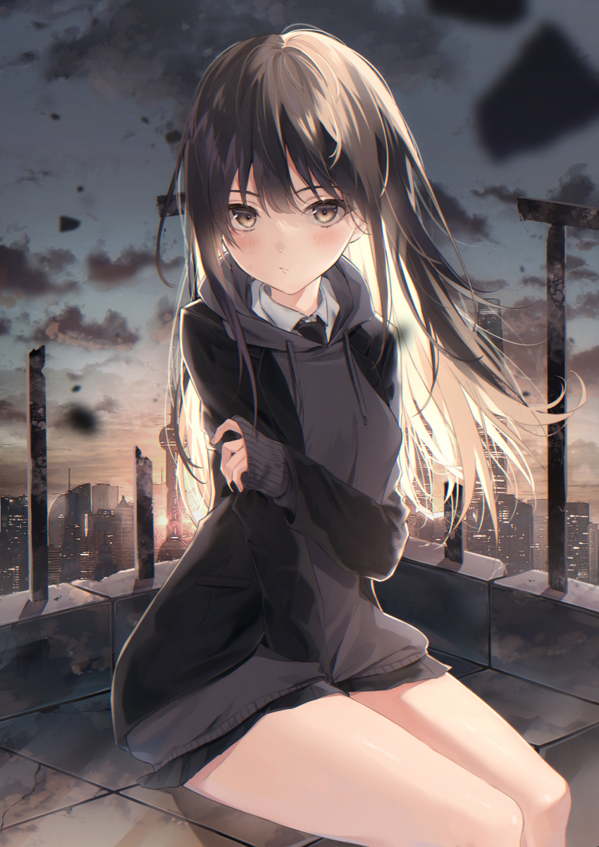 1girl bare_legs black_eyes black_hair black_hoodie black_necktie black_skirt blush city cloud drawstring hair_between_eyes harui_(hr_x9_) highres holding_own_arm hood hood_down hoodie long_hair long_sleeves looking_at_viewer necktie original outdoors pleated_skirt shirt sitting skirt sky sleeves_past_wrists sunset twilight white_shirt