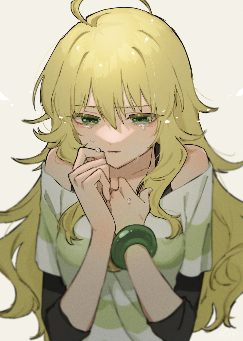 1girl absurdres ageharuuu ahoge blonde_hair bracelet crying crying_with_eyes_open green_eyes highres hoshii_miki idolmaster idolmaster_(classic) jewelry long_hair shirt solo striped striped_shirt tears