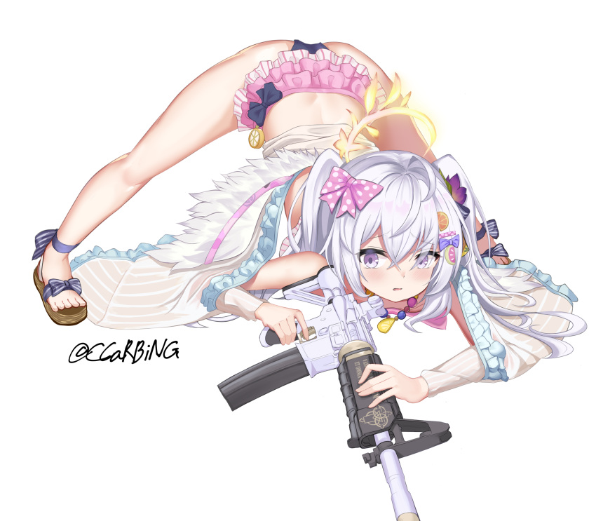 1girl absurdres assault_rifle azusa_(blue_archive) bent_over blue_archive blush commentary_request flower full_body gun hair_between_eyes hair_flower hair_ornament hair_ribbon halo highres jack-o'_challenge jewelry long_hair m1a1carbine m4_carbine necklace pose purple_eyes ribbon rifle silver_hair solo spread_legs swimsuit twitter_username weapon white_background