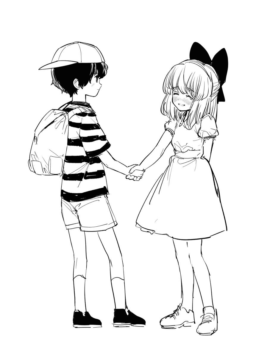 1boy 1girl backpack bag bangs baseball_cap blush bow closed_eyes closed_mouth greyscale hair_bow hat highres holding_hands kneehighs medium_hair monochrome mother_(game) mother_2 ness_(mother_2) parted_lips paula_(mother_2) rx_hts shirt shorts simple_background standing striped striped_shirt tears