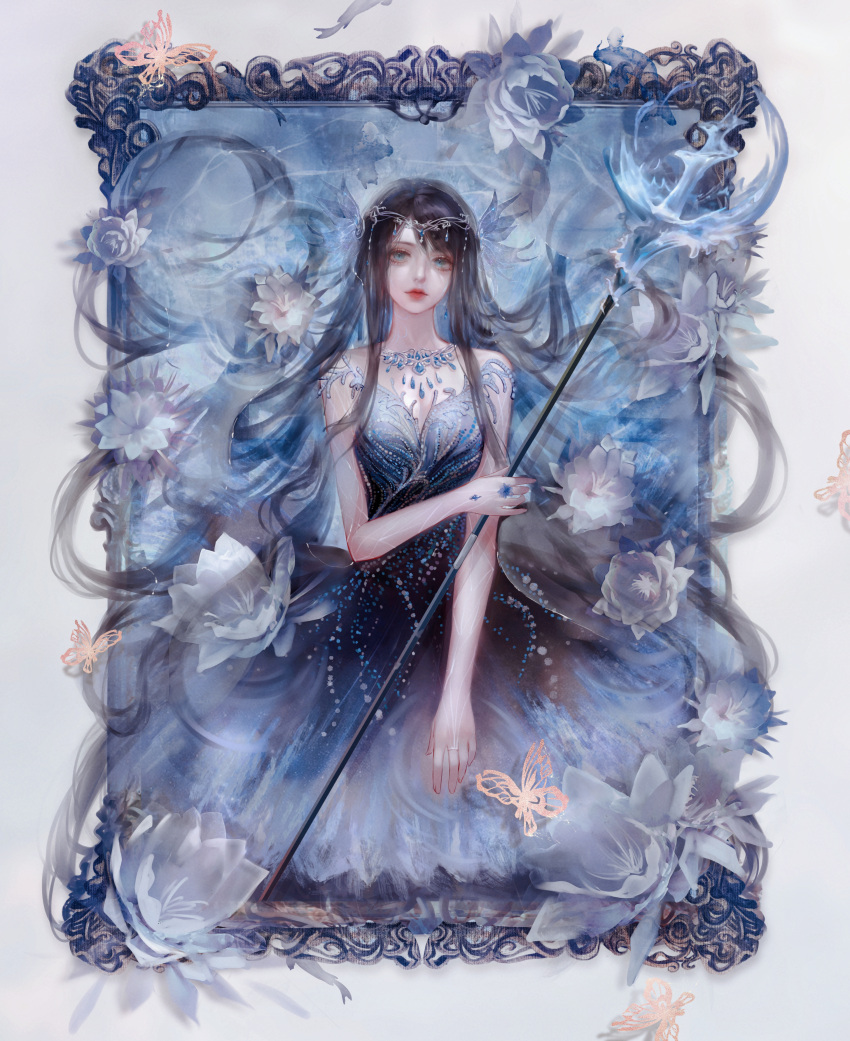 1girl absurdres black_hair bug butterfly commentary_request dress framed hair_ornament highres holding holding_scepter jewelry jiaopiupiu long_hair looking_at_viewer lying_on_water necklace original scepter solo strapless strapless_dress very_long_hair water waves yellow_butterfly