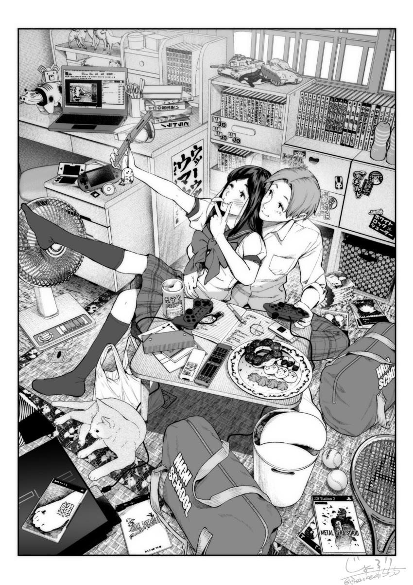 1boy 1girl absurdres animal bag ball bangs blush book bookshelf candy cat cellphone commentary_request computer controller couple desk electric_fan final_fantasy final_fantasy_x food food_in_mouth game_console game_controller greyscale handheld_game_console highres holding holding_controller holding_game_controller homework jorori laptop looking_at_phone manga_(object) medium_hair metal_gear_(series) metal_gear_solid monochrome original phone plaid plaid_skirt racket remote_control school_bag school_uniform serafuku shirt short_hair sitting sitting_on_lap sitting_on_person skirt sweets taking_picture tenga tennis_ball tennis_racket thighhighs toy_tank