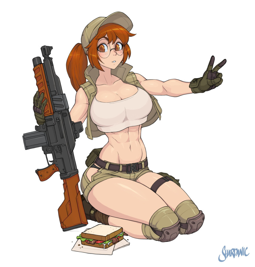 1girl abs assault_rifle black_gloves boots breasts brown_eyes brown_hair cleavage commentary crop_top english_commentary fio_germi food full_body glasses gloves gun highres holding holding_gun holding_weapon knee_pads large_breasts long_hair looking_at_viewer metal_slug metal_slug_tactics napkin navel ponytail pouch rifle sandwich seiza shardanic short_shorts shorts sidelocks signature simple_background sitting sleeveless solo thigh_strap toned v weapon white_background