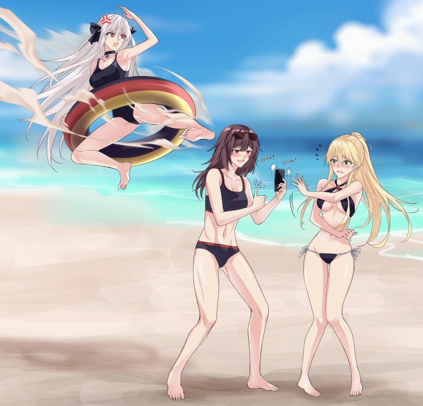 3girls absurdres annoyed bare_legs bare_shoulders barefoot beach bikini black_bikini black_swimsuit blonde_hair blood blush breasts brown_eyes brown_hair cleavage collarbone competition_swimsuit covering covering_breasts earrings eyebrows_visible_through_hair eyewear_on_head female_commander_(girls'_frontline) full_body girls'_frontline green_eyes hair_ribbon highres holding holding_phone jewelry kar98k_(girls'_frontline) legs long_hair looking_at_another medium_breasts multiple_girls navel nosebleed ocean one-piece_swimsuit open_mouth phone ponytail red_eyes ribbon sand silver_hair soles standing stg44_(girls'_frontline) stomach summer suprii swimsuit toes