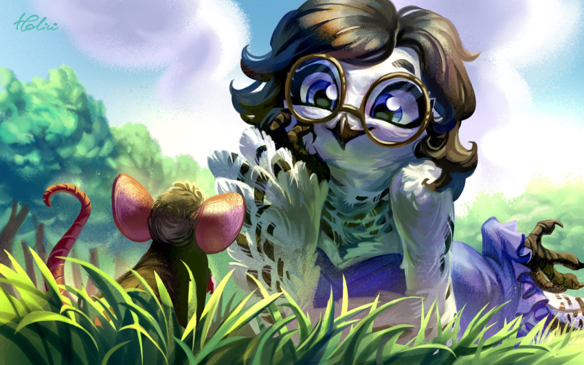2019 4_fingers anthro avian beak bird black_hair blue_eyes clothed clothing digital_media_(artwork) dress duo eyewear feathers female glasses grass hair hi_res holivi mammal mouse multicolored_feathers owl rodent smile snowy_owl talons vivian_rose