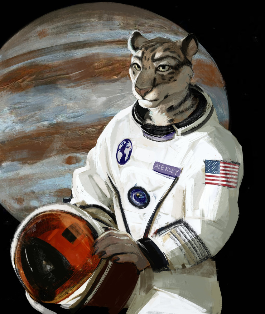 2018 anthro armor claws clothed clothing felid feline helmet holding_object hriscia jupiter_(planet) male mammal patch_(fabric) planet solo spacesuit stars_and_stripes united_states_of_america whiskers