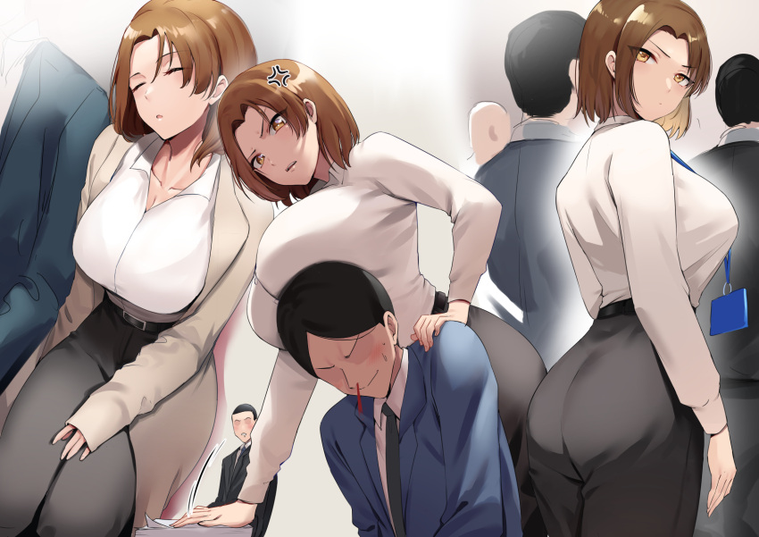 1girl angry ass bangs belt black_hair black_necktie black_pants blazer breast_rest breasts breasts_on_head brown_eyes brown_hair closed_mouth eyebrows_visible_through_hair faceless faceless_male formal frown highres jacket lanyard large_breasts long_sleeves looking_back memero_7272 multiple_boys multiple_views necktie office_lady open_mouth original pants shirt short_hair sleeping standing suit white_shirt