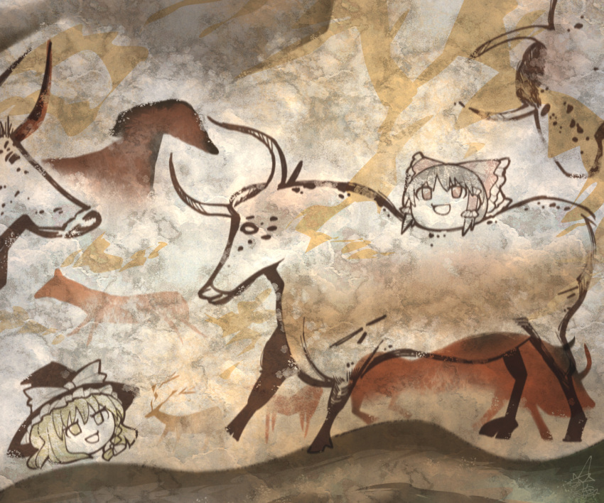 2girls :d animal bow bull cave_paintings hair_bow hakurei_reimu hat hat_bow highres horns kirisame_marisa looking_at_another looking_at_viewer multiple_girls open_mouth prehistoric prehistoric_animal smile touhou umigarasu_(kitsune1963) witch_hat yukkuri_shiteitte_ne